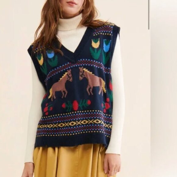 Free People Found Horse Isles Knit Navy Blue Sweater Vest NWOT - Picture 1 of 5